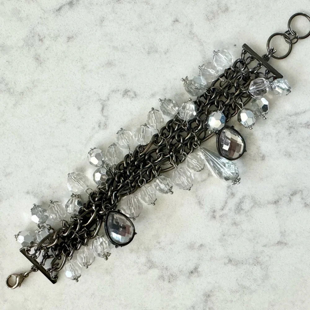 NWOT Crystal Silver Gunmetal Charm Dangly Bracelet - Adjustable length